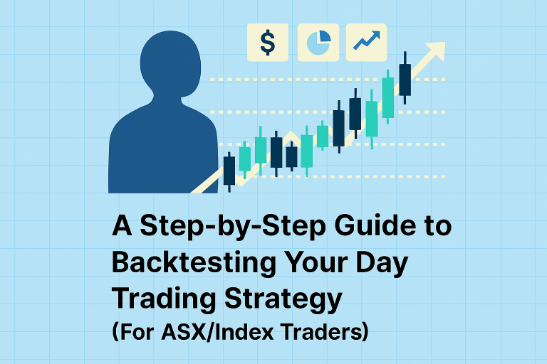 "Infographic showing a trader analyzing candlestick charts and index tickers with upward trend, illustrating a step-by-step guide to backtesting day trading strategies for ASX and index markets